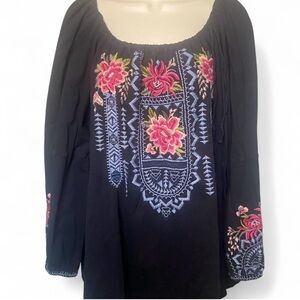 Johnny Was Black Tunic Blouse with Pink & Blue Embroidery Peasant 3/4 sleeves XL